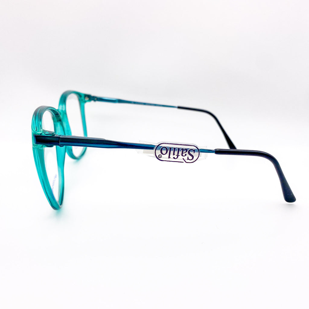 Teal eyeglasses with a visible brand logo on a white background