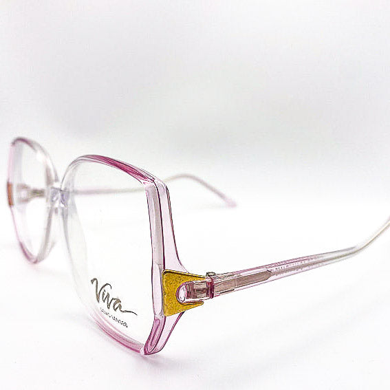 Purple eyeglasses with gold accents on a white background