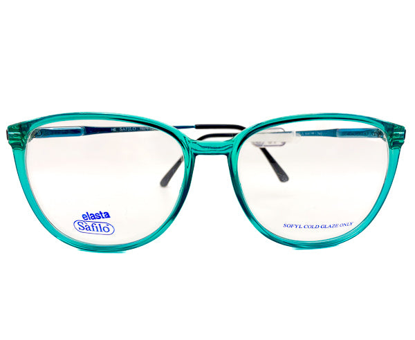 1980s oversized teal green eyeglasses with clear lenses on a white background