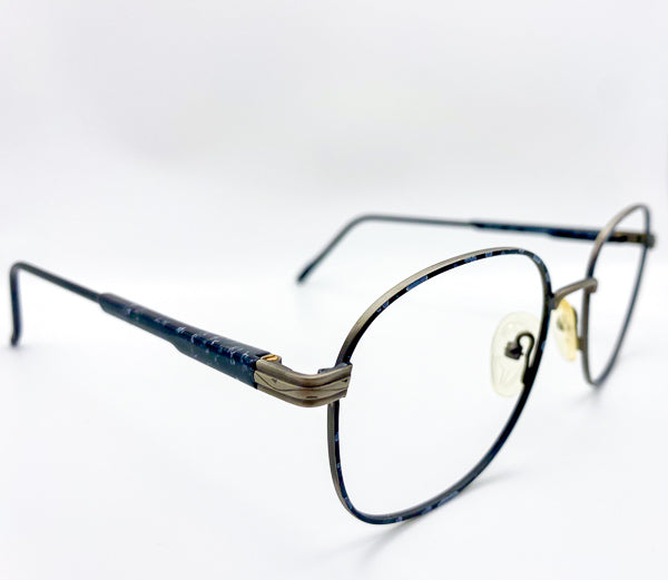 Pair of eyeglasses with a black frame on a white background