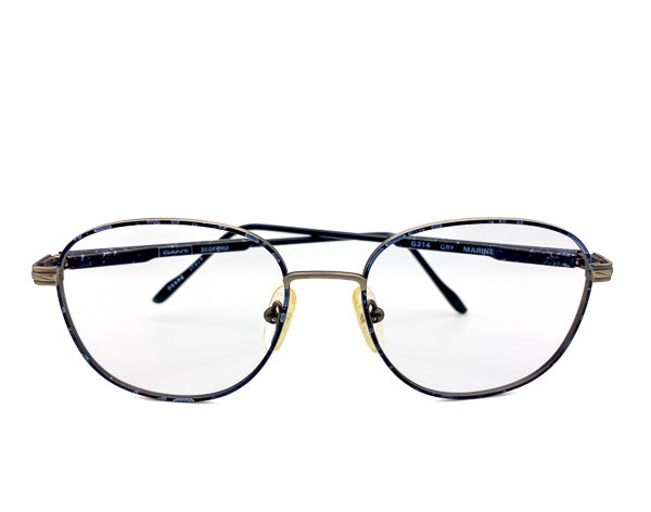 Black metal eyeglasses with grey speckles on a white background