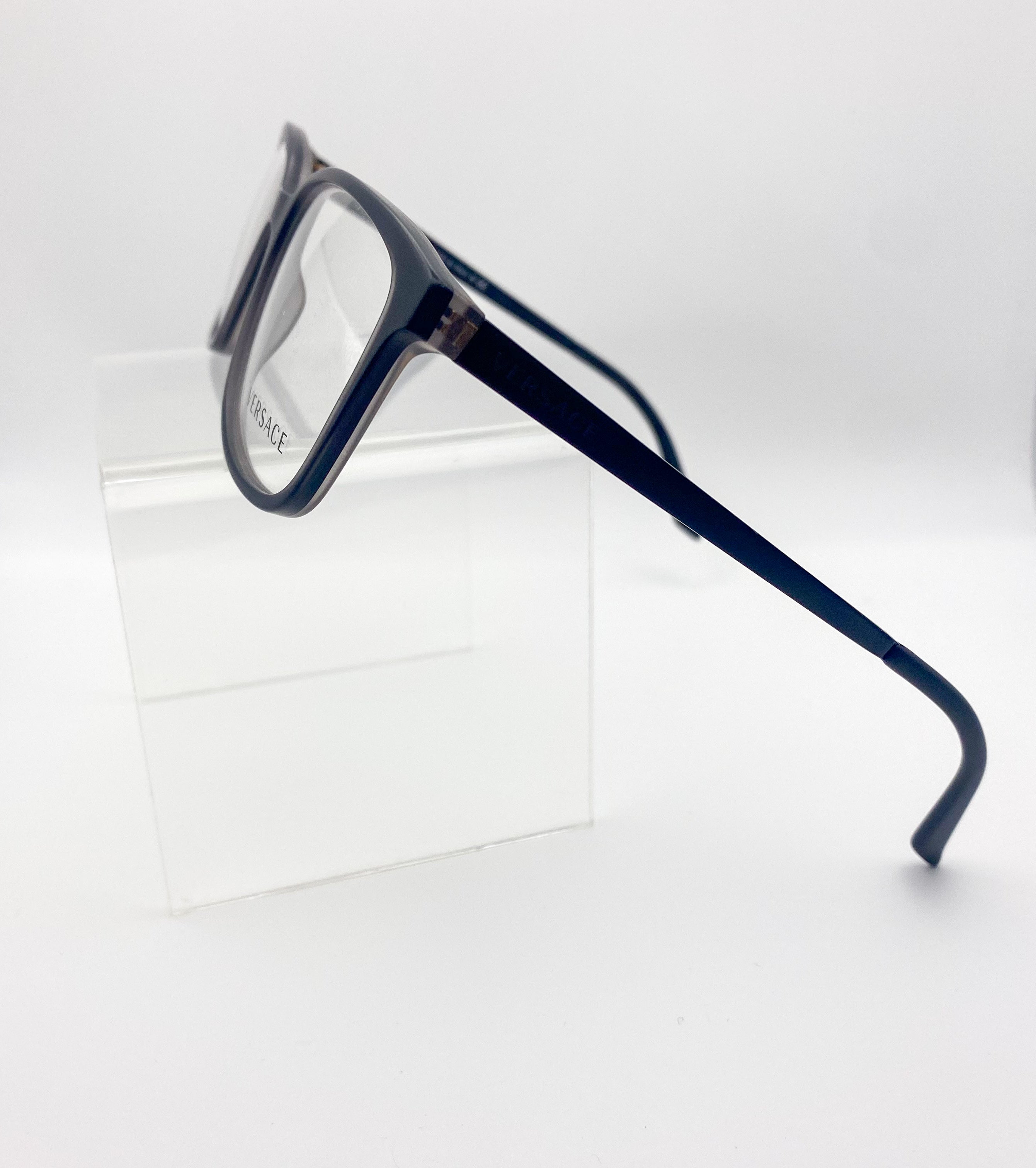 Black y2k-era eyeglasses on a white background