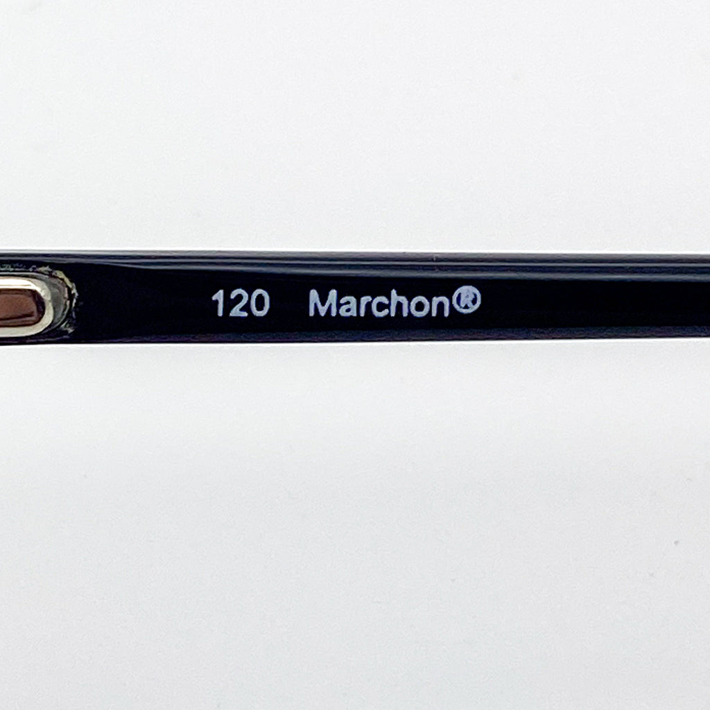 Close-up of a Marchon temple arm with the number 120 on a white background