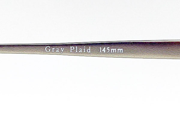 Metallic temple arm with 'Gray Plaid 145mm' engraving on a white background