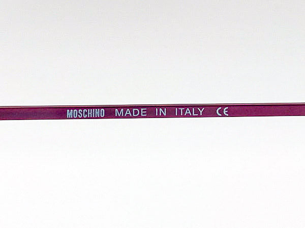 Burgundy Moschino temple arm with 'Made in Italy' text on a white background