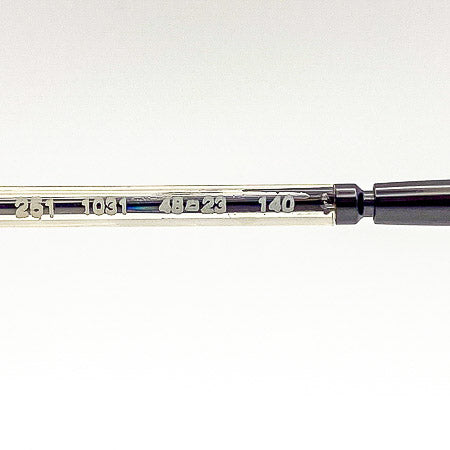 Close-up of a glasses temple arm with measurements on a white background