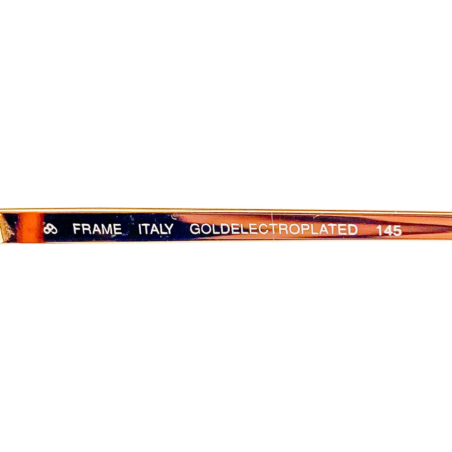 Gold electroplated frame with 'FRAME ITALY' and 'GOLDELECTROPLATED 145' text on a white background