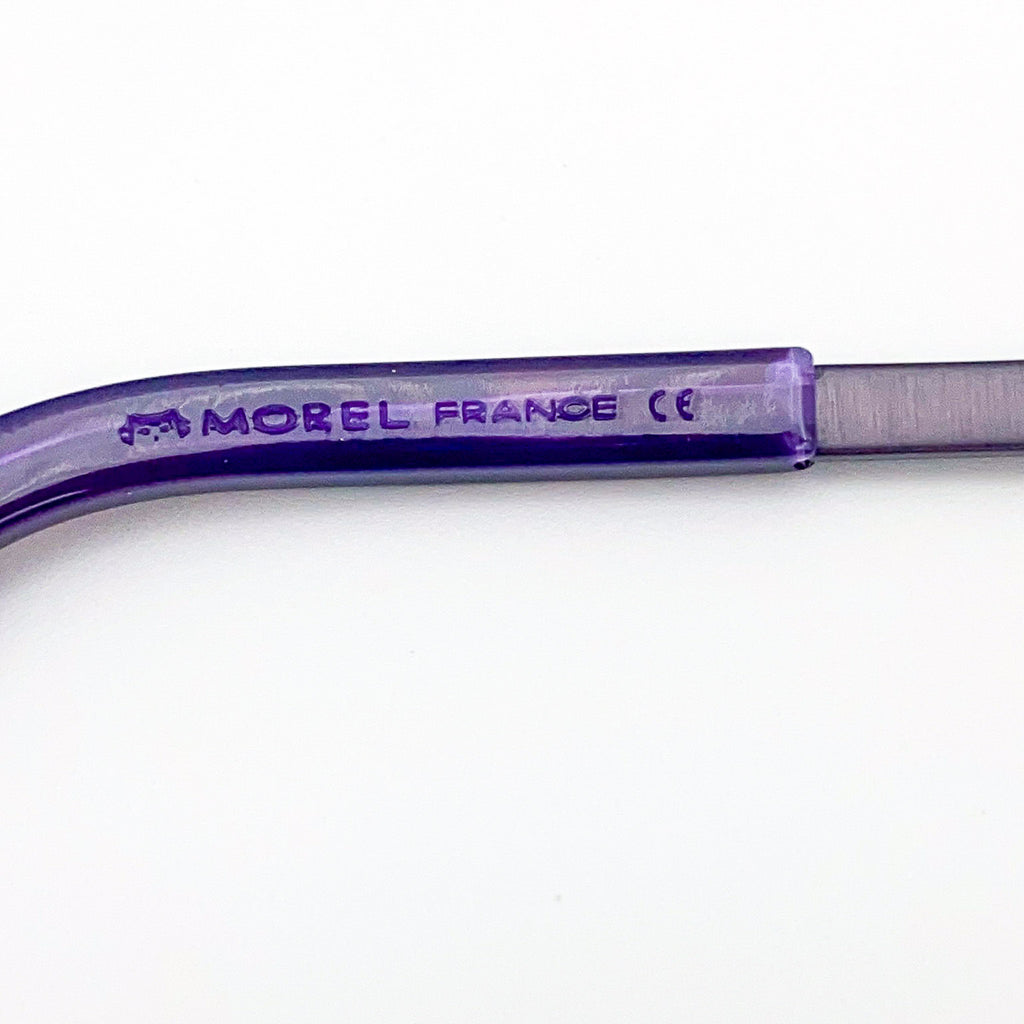 Purple temple stem with 'Morel France' branding on a white background