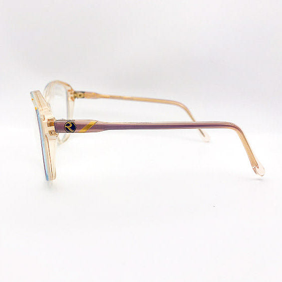 Eyeglasses with gold frame and lavender arms on a white background