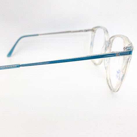 Eyeglasses with aqua blue arms on a white background