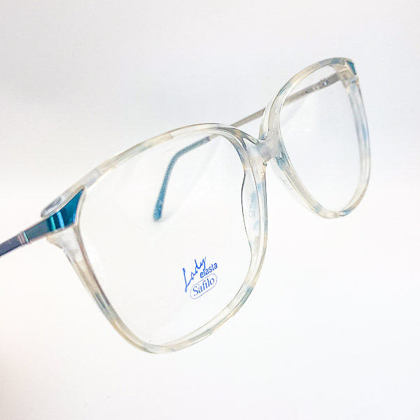 Eyeglasses with a visible brand logo on a white background