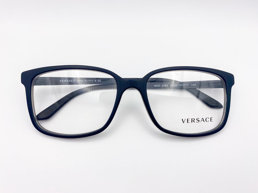 Black rectangular Versace eyeglasses on a white background