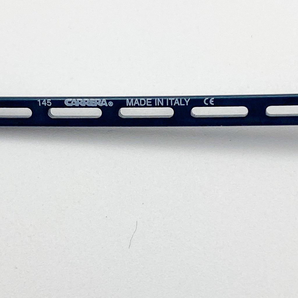 Blue metal temple arm with 'Carrera' branding and 'Made in Italy' text on a white background