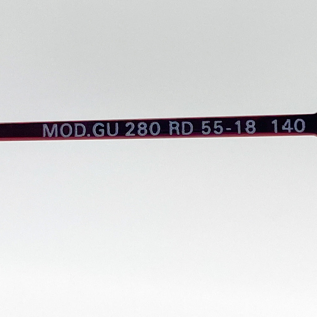 Red eyeglasses stem with text on a white background