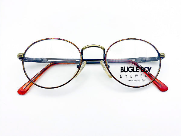 Vintage round eyeglasses with gold and tortoiseshell frame on a white background, featuring 'Bugle Boy Eyewear' branding.