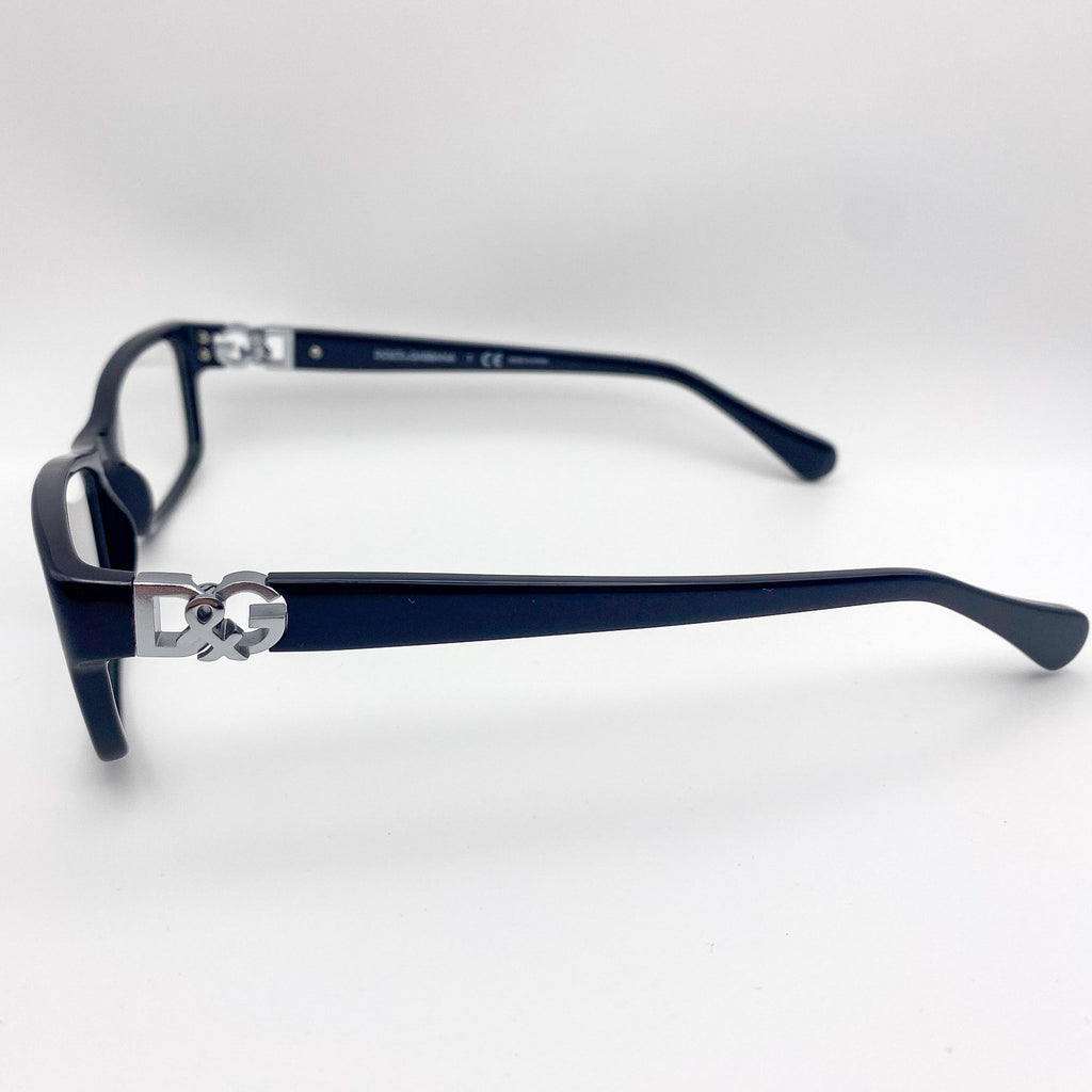 Black rectangular eyeglasses with a silver logo on a white background