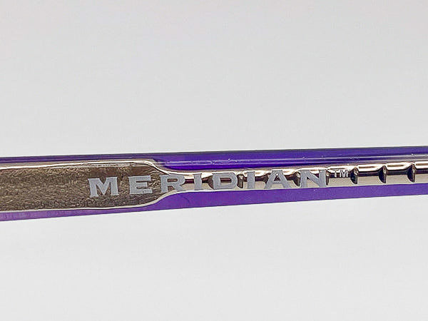 Close-up of a purple and silver temple with 'Meridian' branding on a light gray background